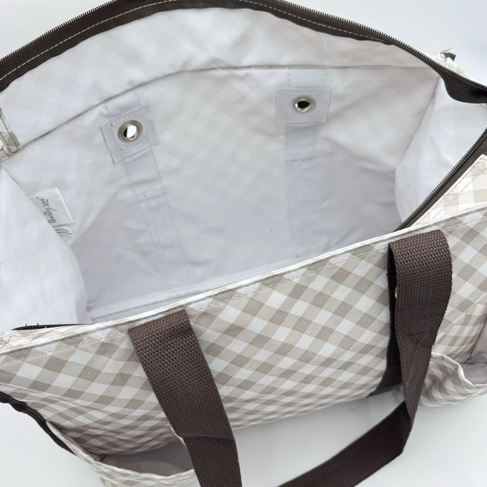 Thirty One 31 Zip Top Organizing Tote 7 Pocket Medium Taupe Brown Gingham Bag